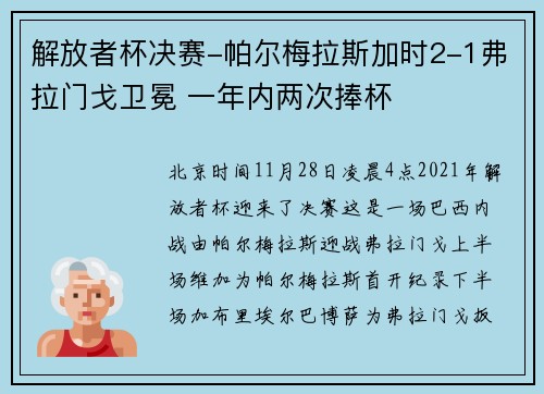 解放者杯决赛-帕尔梅拉斯加时2-1弗拉门戈卫冕 一年内两次捧杯